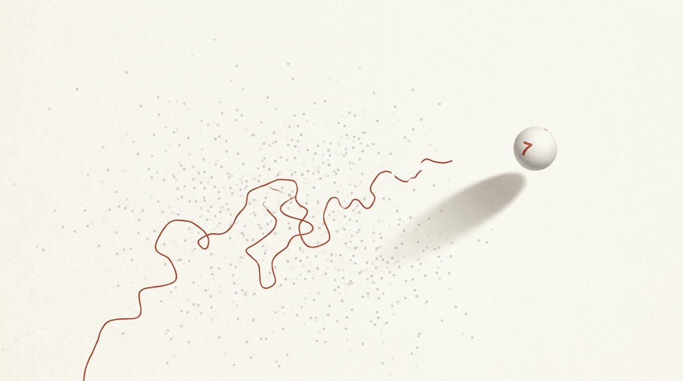 A single white lottery ball casting a long shadow on paper, trailed by a wandering red line through a field of scattered grey dots.