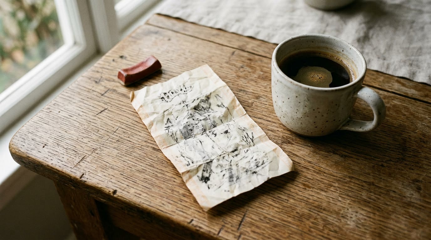 A crumpled lottery ticket on a wooden table beside a cup of coffee in soft morning light.
